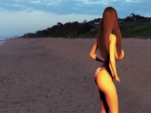 Adolescente de tetas grandes bailando en la playa - Chica pequeña de expansión de senos moviéndose