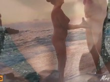 Masturbación con la mano y masturbándose en una playa pública