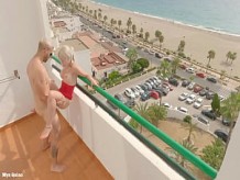 Sexo en el balcón vista a la playa - mamada al aire libre corrida en las tetas