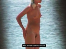Rubia caliente muestra su coño peludo desnudo en la playa