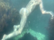 Le disparé a una novia desnuda bajo el agua en el mar