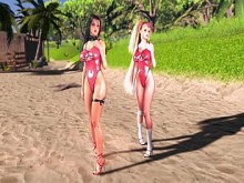 Lindo bahía de salvavidas y baile de arcilla en bodysuits en una calurosa playa de verano