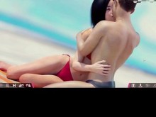 Momento de juego sexy de doble tarea con una chica caliente en la playa