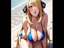 Maestra Pokémon Cynthia mostrando su delicioso cuerpo en la playa