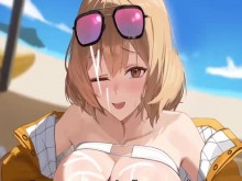 Rubia con grandes tetas crempied en la playa