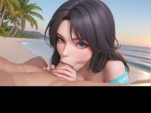 AI Generated - Nena de playa de cabello negro POV Mamada descuidada Tetas enormes Cogida al atardecer
