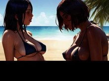 Milfs de grandes tetas naturales en bikini se amamantan en la playa