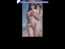 Nena asiática caliente en la playa en bikini rosa es acariciada por sus grandes tetas en el flotador - Juego de tetas soleadas y paseo apasionado