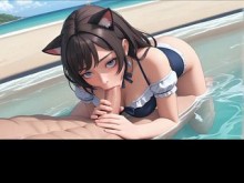 Generado por IA - Catgirl con curvas Bikini con volantes azules POV Titfuck desordenado Arena