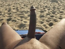 playa nudista polla dura saludando público exhibicionismo diversión