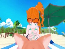 Sonia chupando polla en la playa, traga semen.